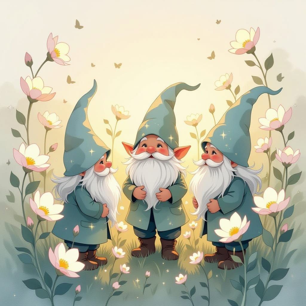 Shimmering Linework Gnomes Among Glowing Flowers