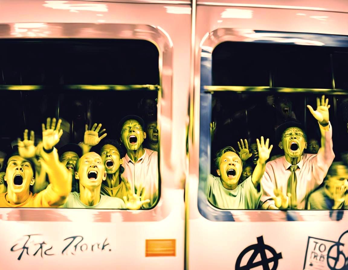 Trapped Humans in Subway Train: Glitchy Photorealism