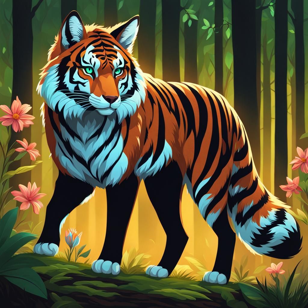 Earthen Fox-Tiger Hybrid with Glowing Eyes