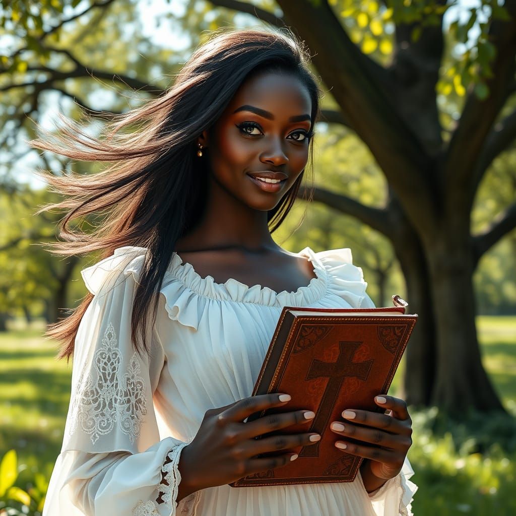 Celestial Model in Glade with Book, Ethereal Beauty