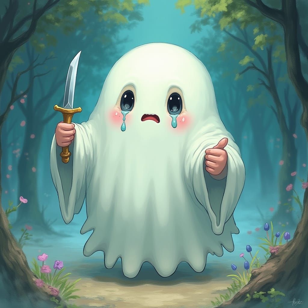 Cute Ghost with Dagger in Dreamy Watercolor Style
