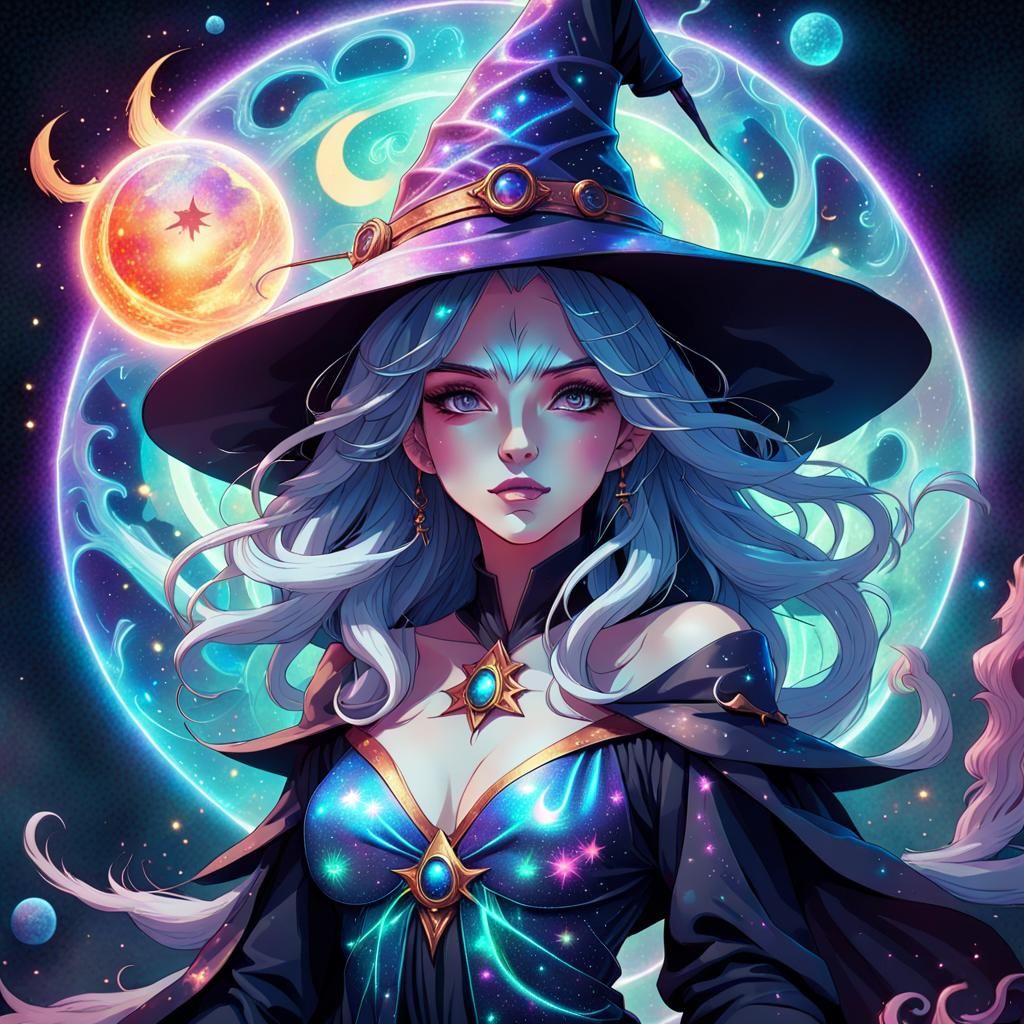 Fantasy Anime Witch in Holographic Cosmic Art