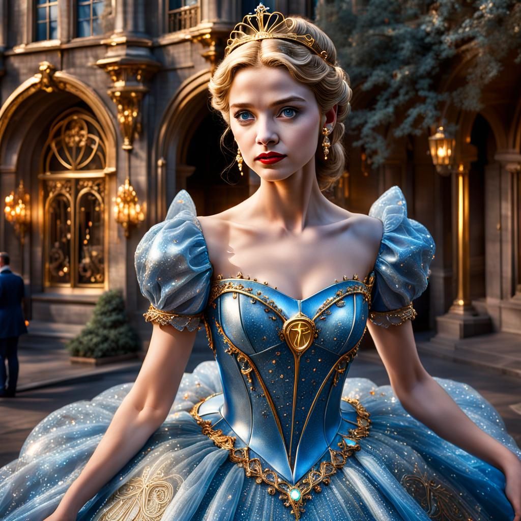 Hyperrealistic Cinderella in Glass Dress with Tesla