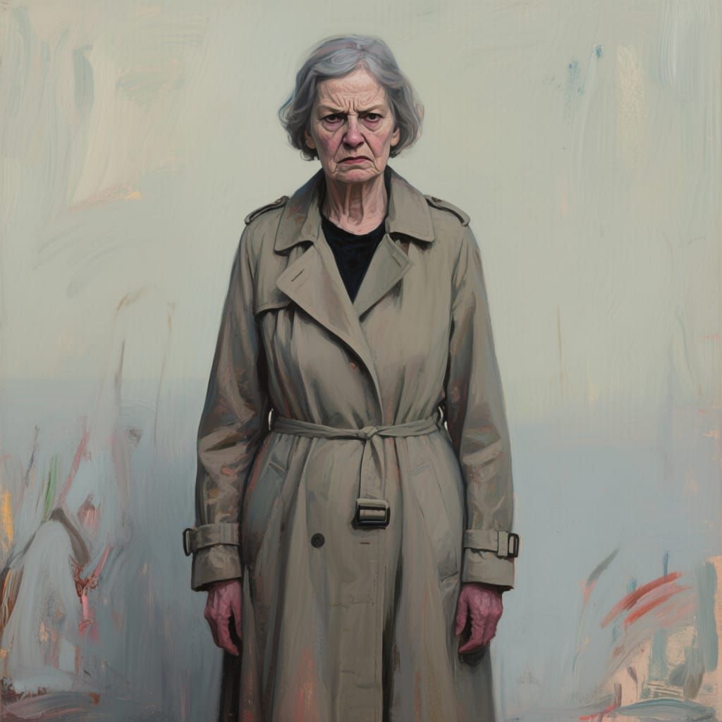 Expressive Portrait of a Scowling Woman in Long Coat