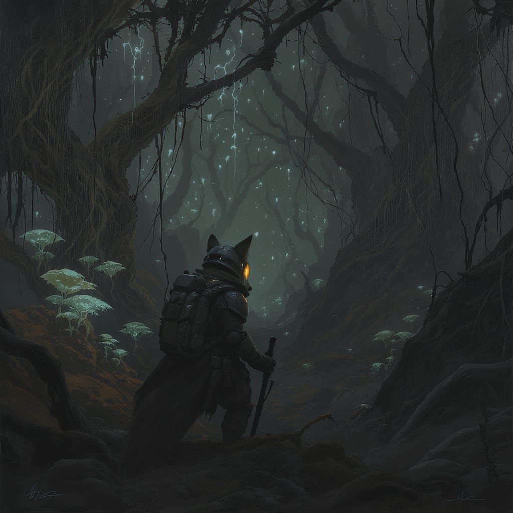 Fox Explorer in Alien Jungle with Bioluminescent Flora