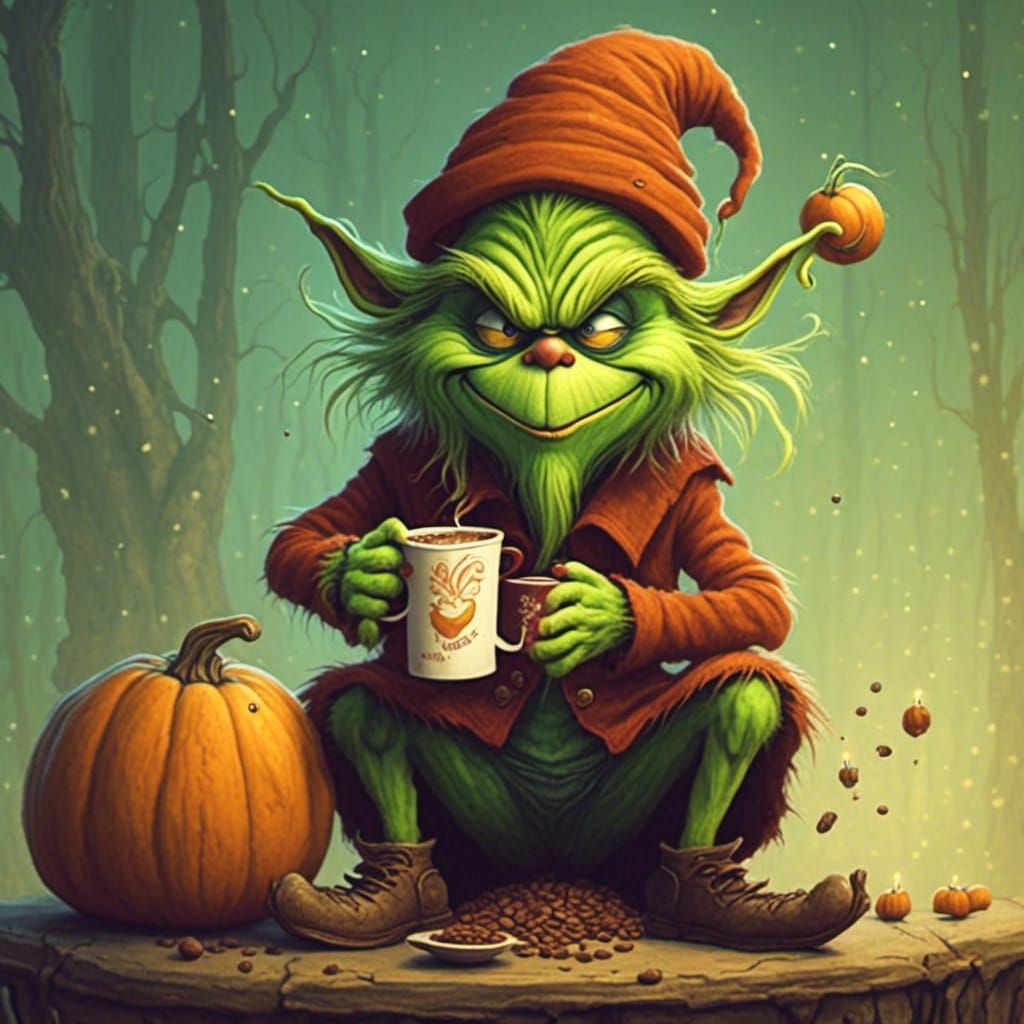 Grinch Gnome Drinks Pumpkin Spice Coffee Illustration