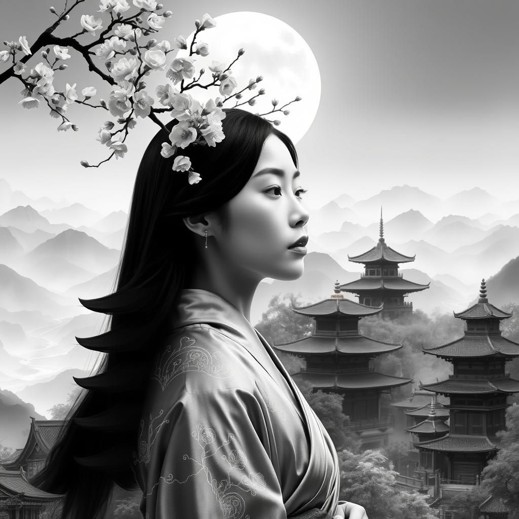 Asian Woman Grayscale Dreamscape in Surrealist Style