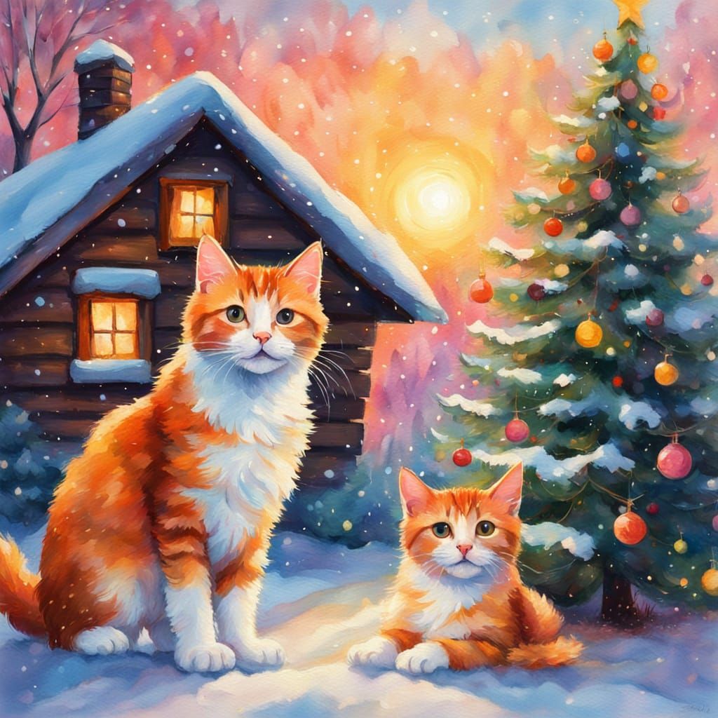 Neo-Impressionist Oil Painting of Cozy Holiday Scene with Ki...