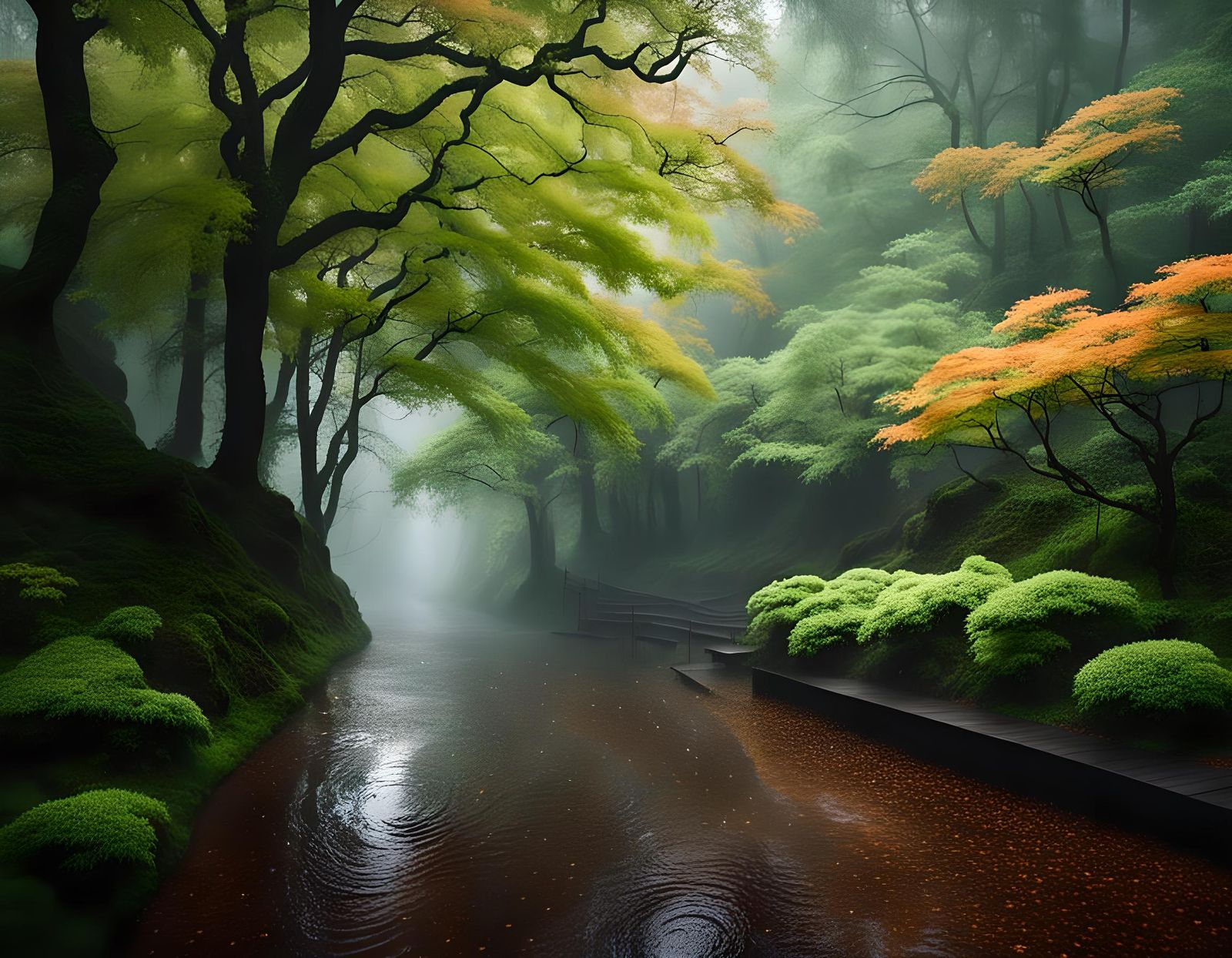 Rainy Onsen Path in Forest