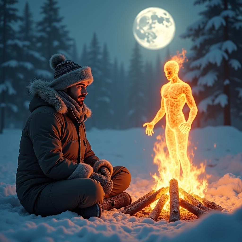 Fiery Figure in Snowy Landscape: Fantasy Concept Art