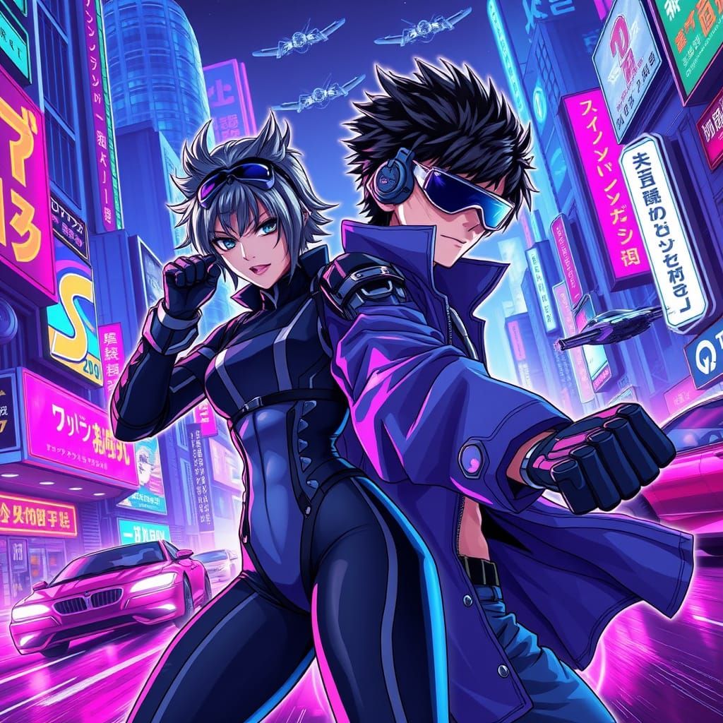 Cyberpunk Hero Duo in Vibrant Neon Cityscape