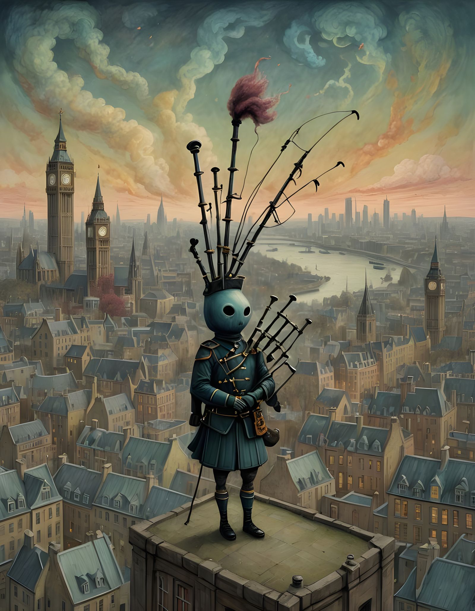 Bagpipe Creature Attacks London in Pastel Style