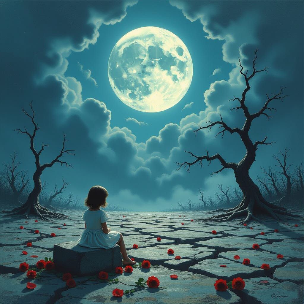 Girl Gazes at Moon on Windswept Plain in Dark Fantasy Style