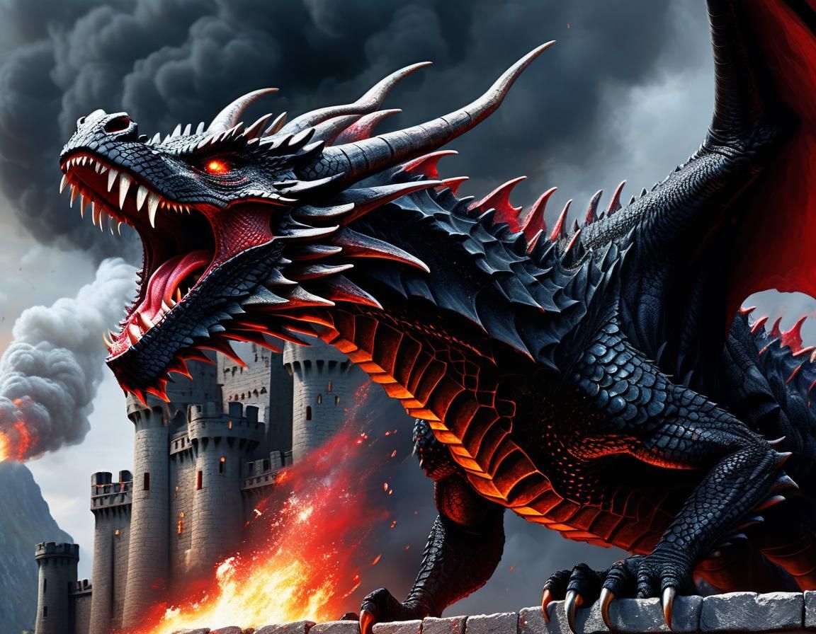 Menacing Black Dragon Breathing Fire, Oil Painting