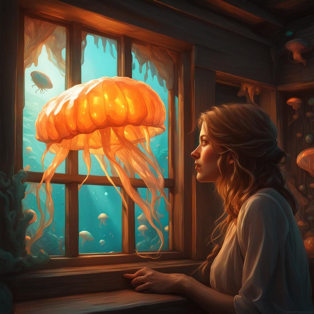 Submerged Home: Woman Watching Luminous Jellyfish