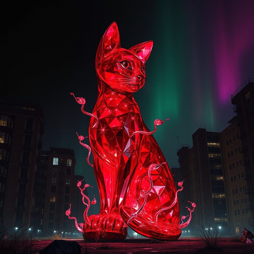 Majestic Ruby Glass Feline Sculpture in Abandoned Cityscape ...
