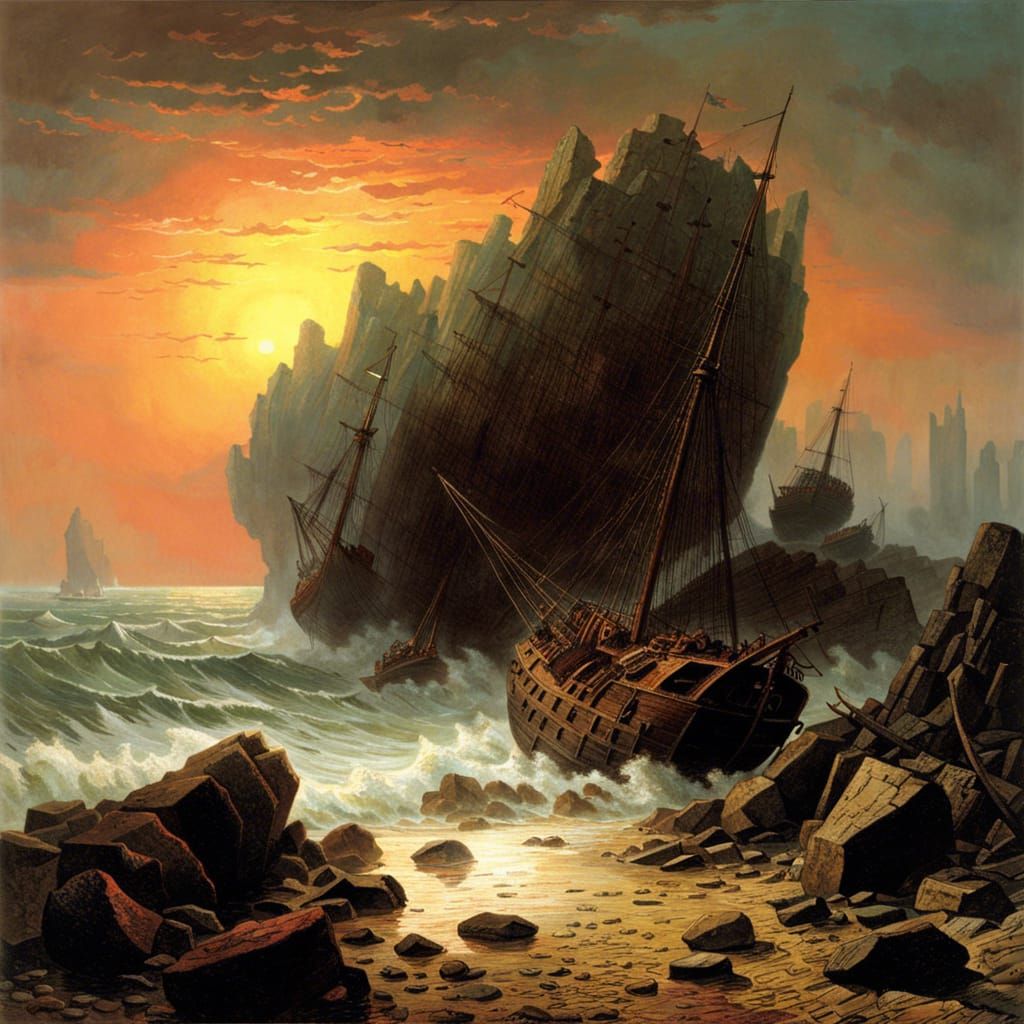 Wrecked Ship on Rocky Beach in Romantic Style