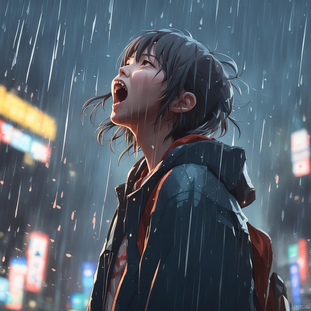 Anime Girl Screaming in the Rain