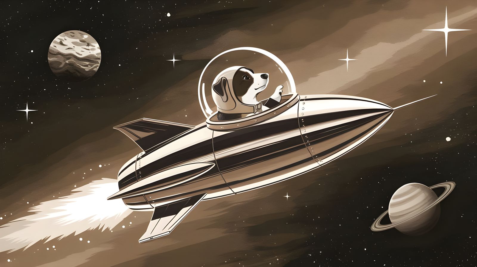 Retro-Futuristic Dog Pilot in Space