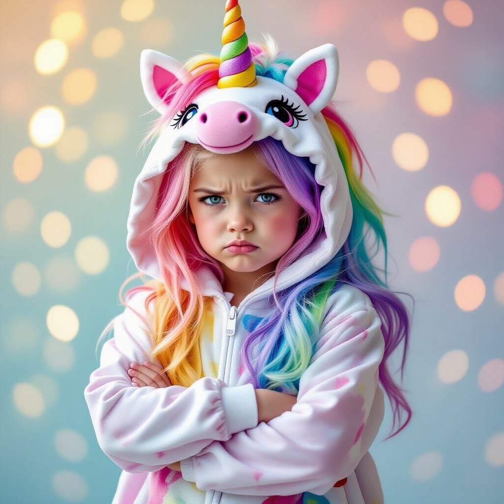 Grumpy Girl in Unicorn Costume with Rainbow Hair