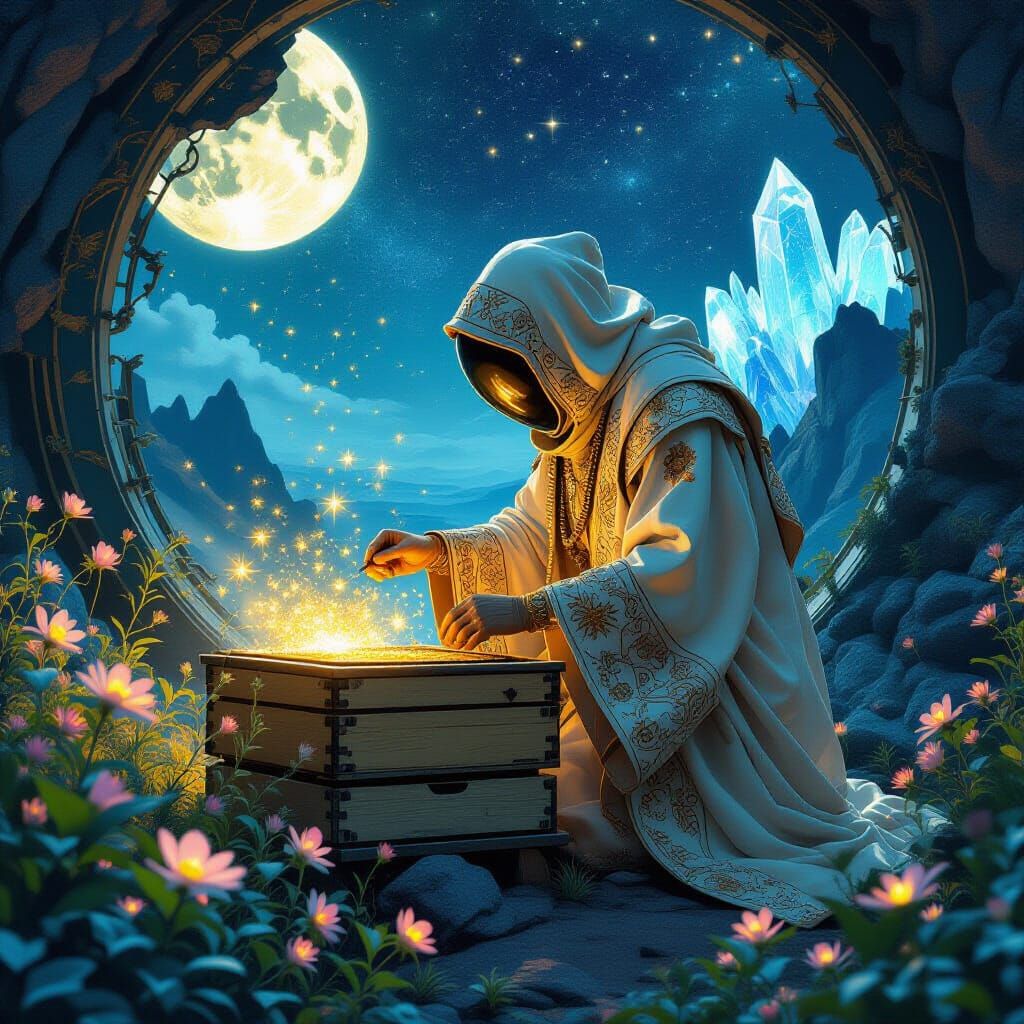 Alien Beekeeper with Starlight Honey & Bioluminescent Flora