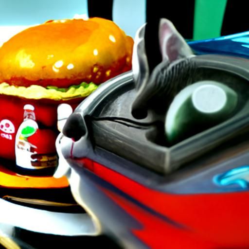 Cartoon Cat Enjoys Soda and Burger