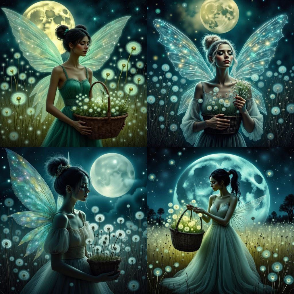 Glowing Dandelion Fairies in a Basket, Held by a Young Woman...