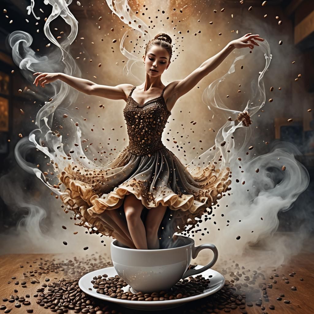 A ballerina dancer emerging from a cup of coffee, surrounded...