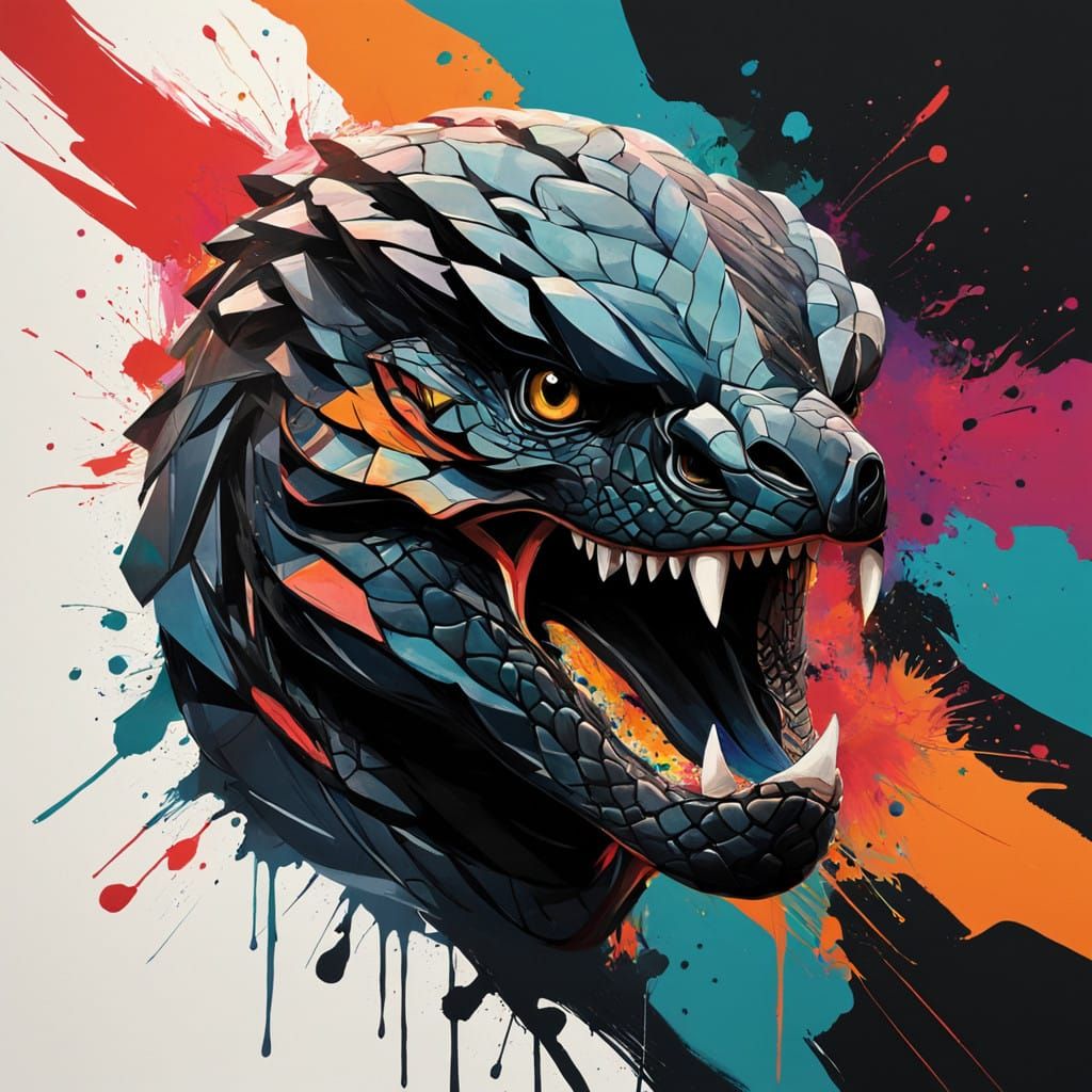 Expressive Cobra Head Against a Dynamic Splatter Background