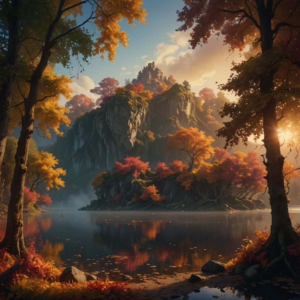 Autumn Lake: Epic Cinematic Oil Painting