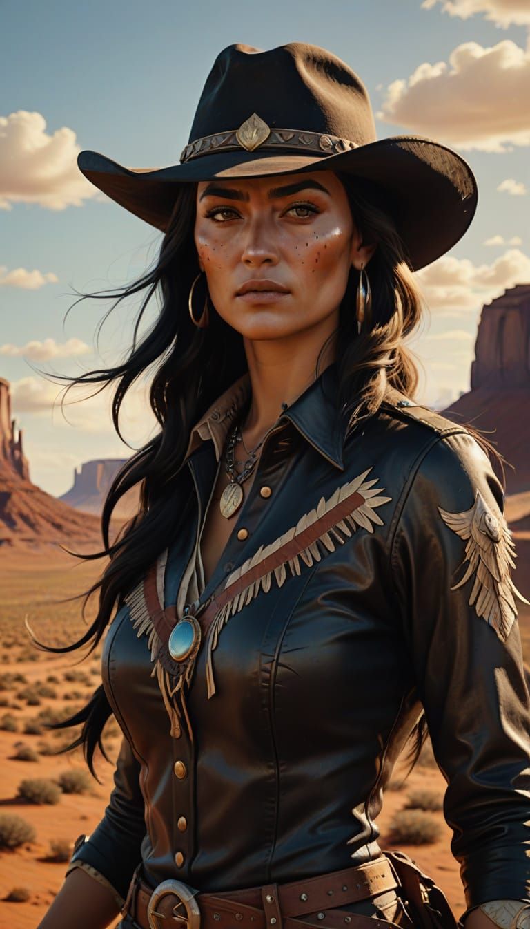 Native American Cowgirl in Dueling Glory