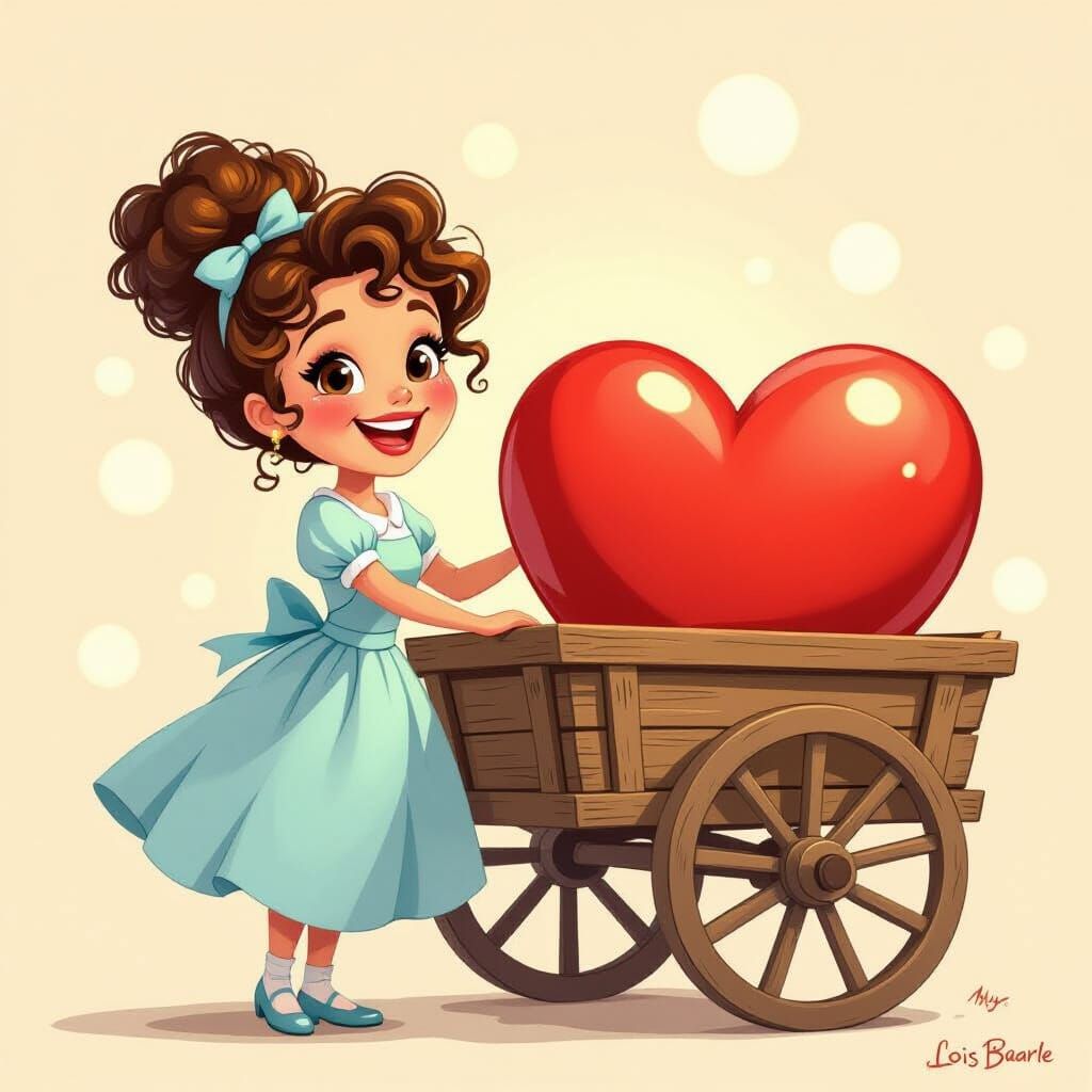 Joyful Woman With Heart Cart in Pastel Cartoon Style
