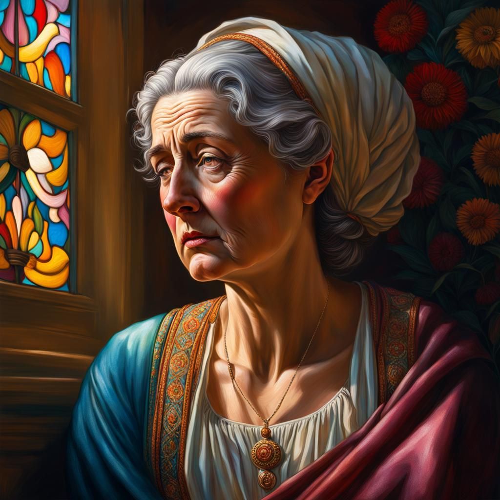 Hyperrealistic Portrait of a Sad 100-Year-Old Woman