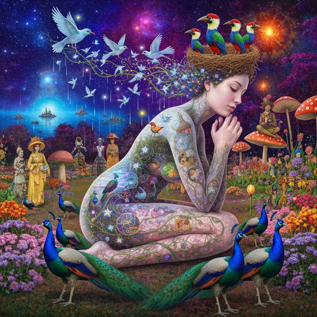 Ethereal Woman Transforms into Birds Amid Cosmic Energy