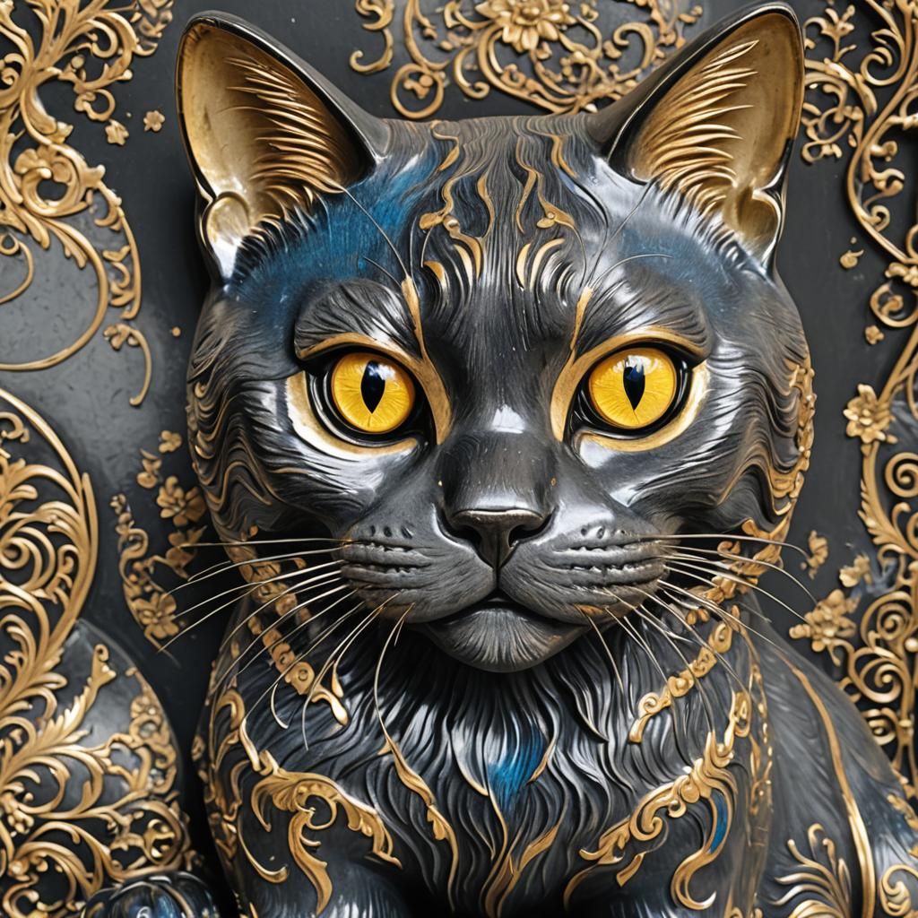 Ceramic Cat Statue with Blue Eyes and Gold