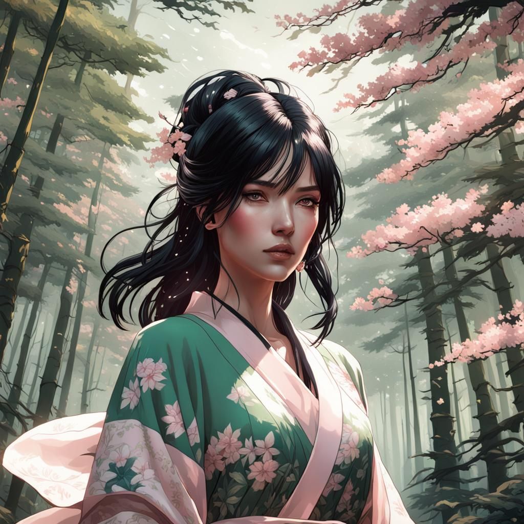 Woman in Kimono in Forest, Detailed Concept Art