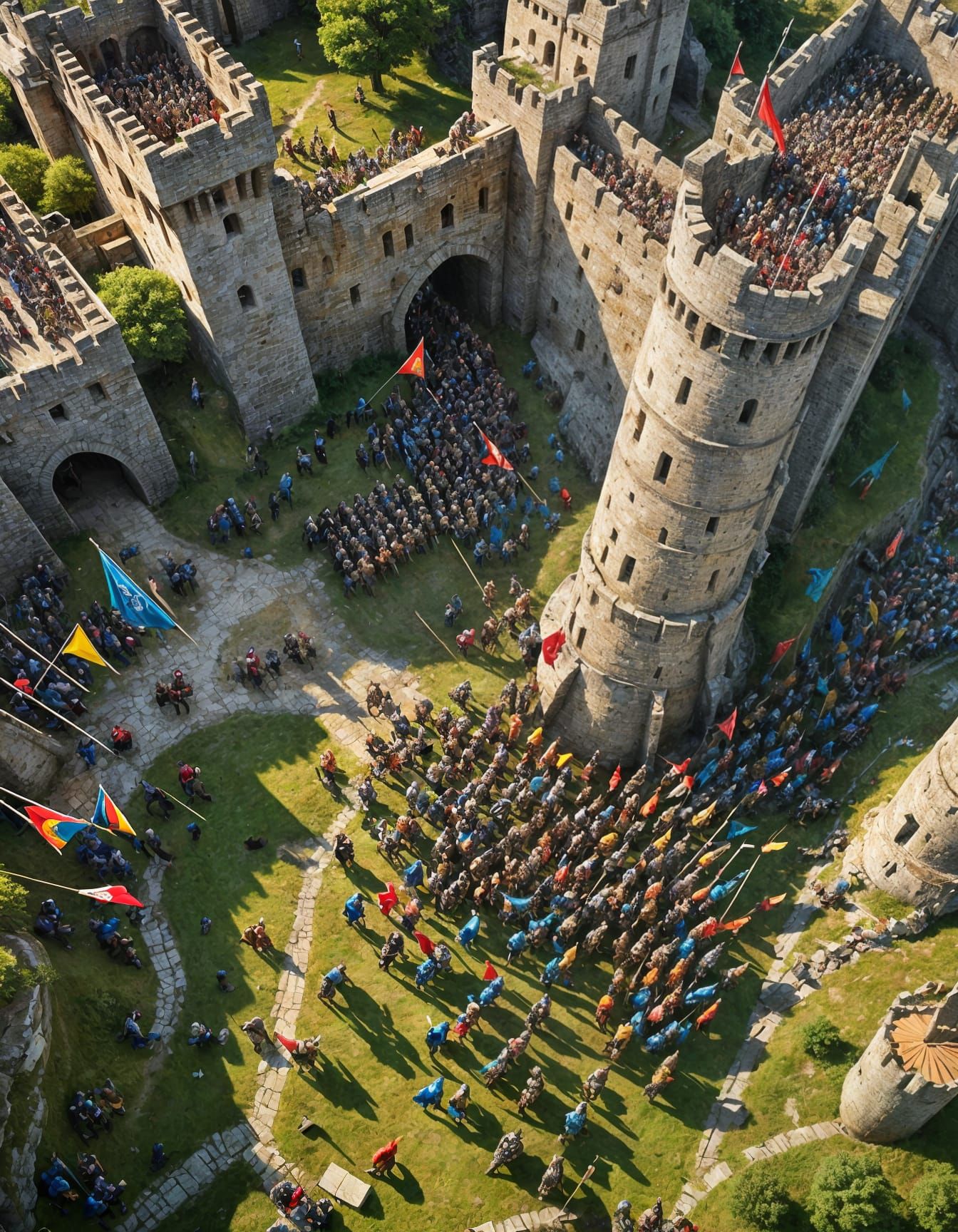 Bird's Eye View of Medieval Battle Near Castle