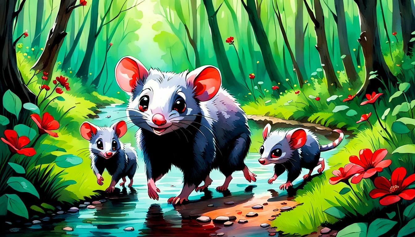 Baby Possums Explore Forest in Watercolor Illustration