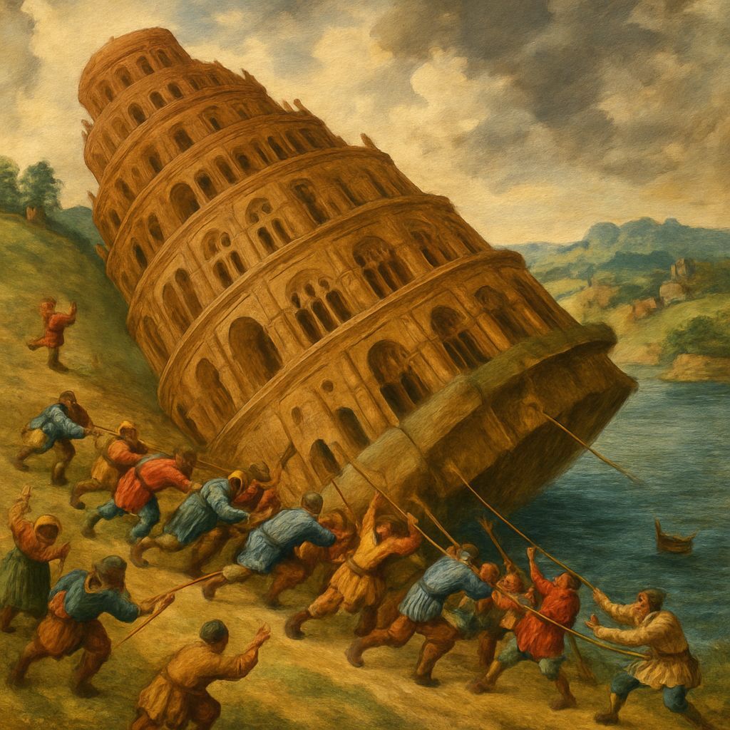 Tower of Babel Slides Downhill: A Whimsical Scene