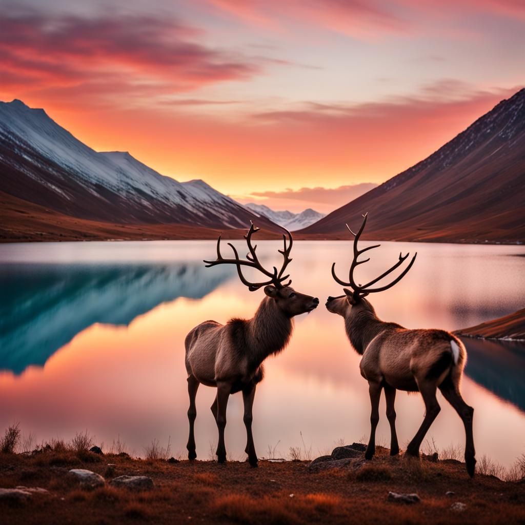 Colorful Mountain Landscape with Reindeer and Lake