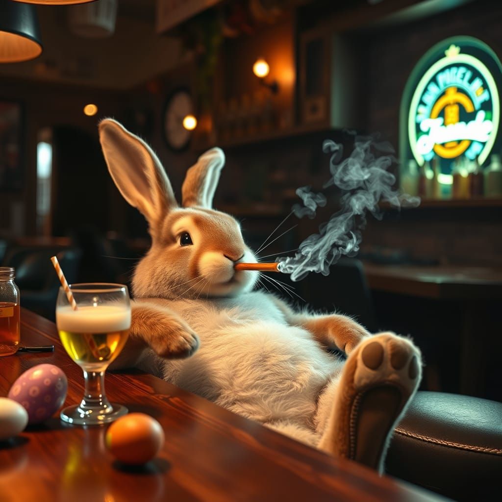 Easter Bunny Unwinds in a Smoky Bar