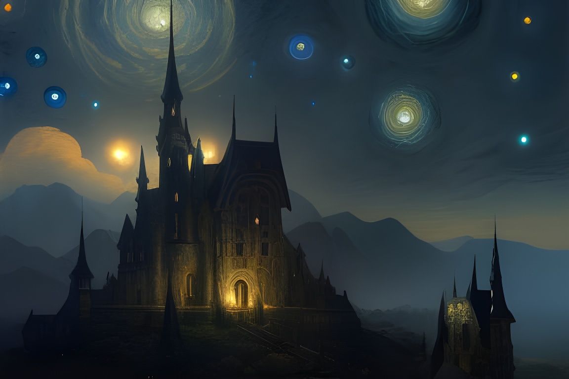 Surreal Castle Under Starry Night, Hyperdetailed Art