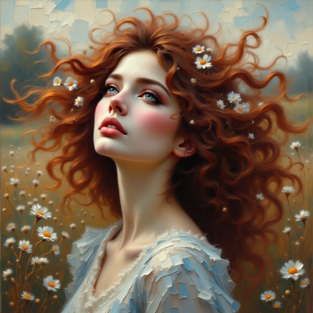 Flowing dark auburn locks cascade around a woman's delicate profile. Her upward gaze suggests contemplation while small ...