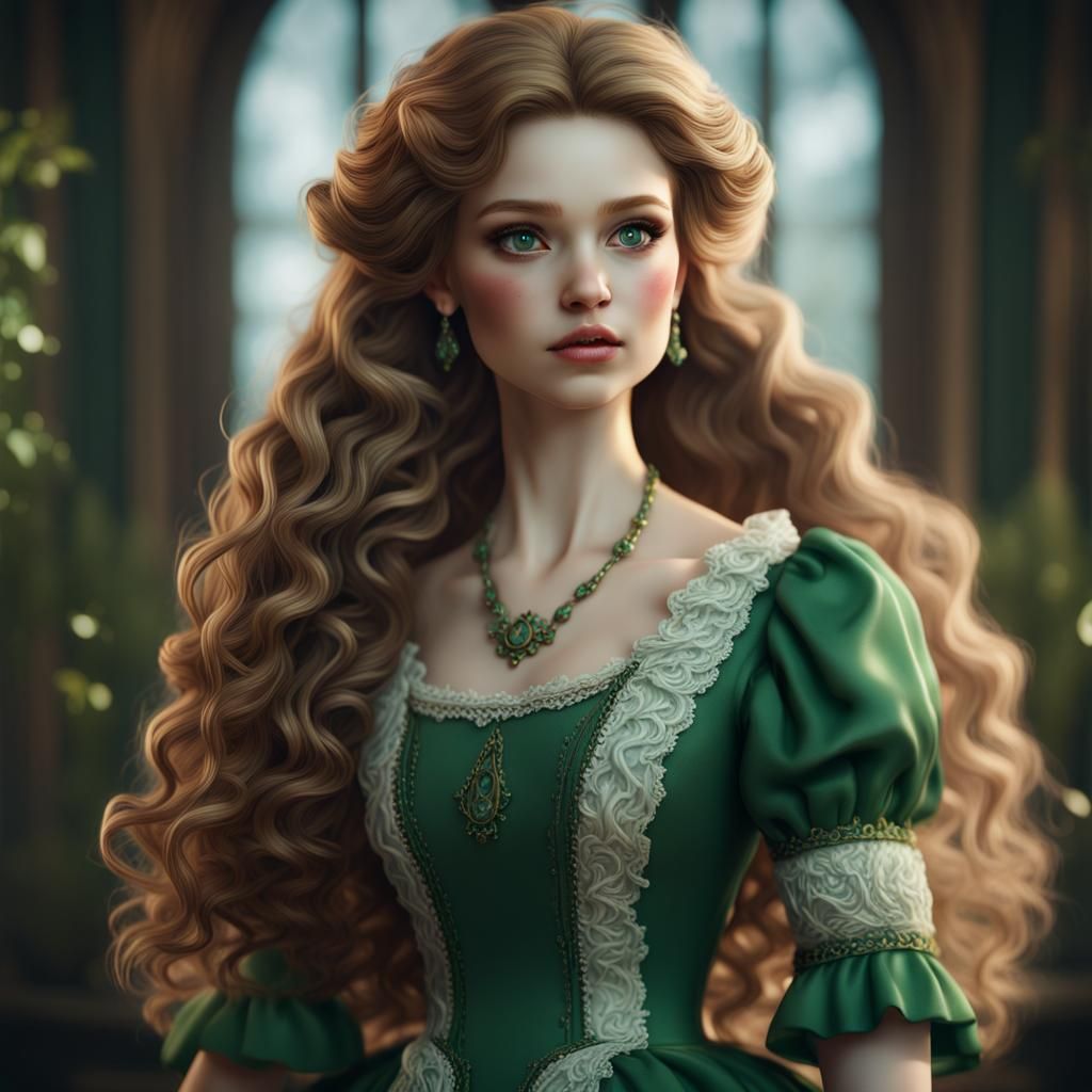 Porcelain Doll in Green Dress: Fantasy Art