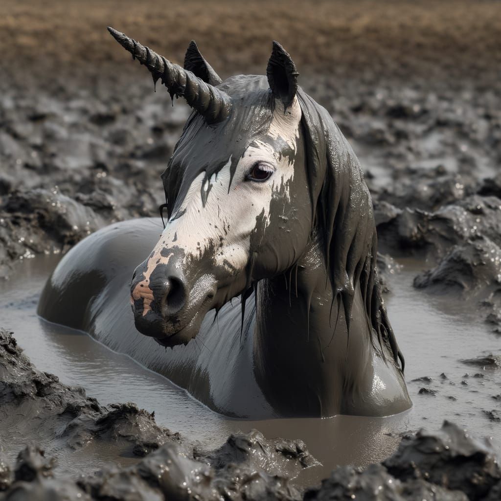 Muddy Unicorn Submerged in Swamp, Winking Playfully