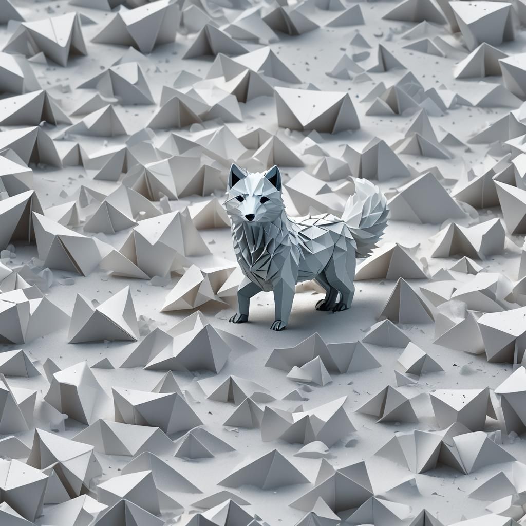 Arctic Fox Origami in Snowy Tundra