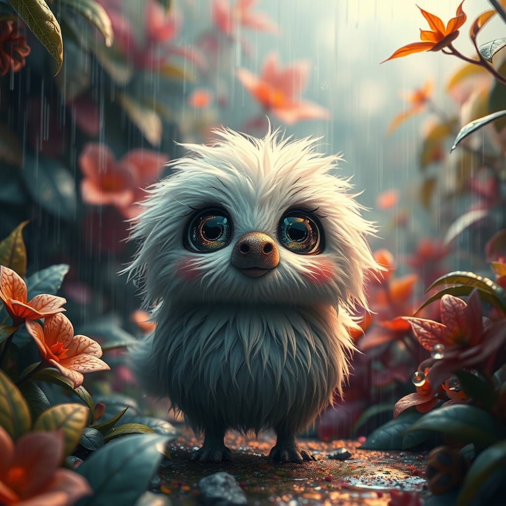 Whimsical Fluffy Creature Under Lush Rainy Environment