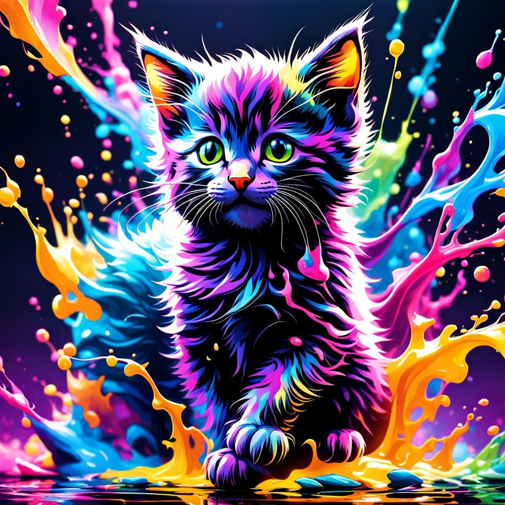 Chrome Kitten Catching Mouse with Energy Aura