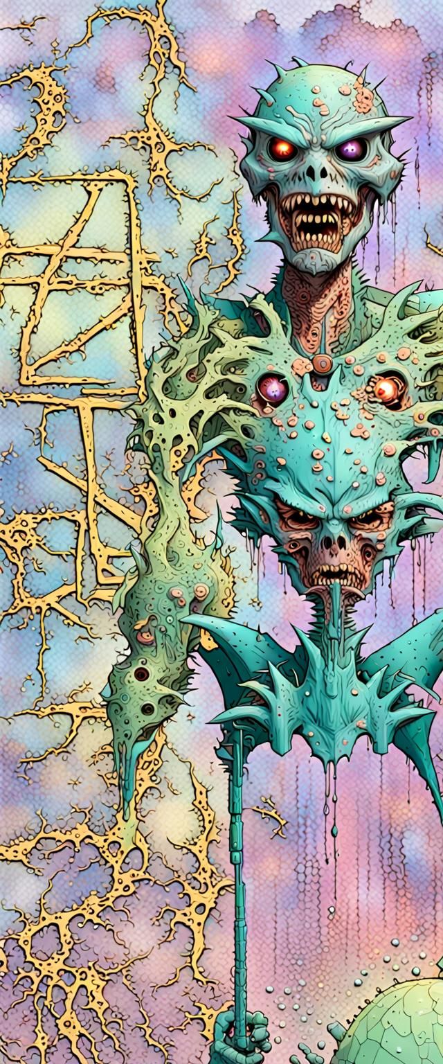 Decaying Zombie Monster Beside Japanese Neon Sign