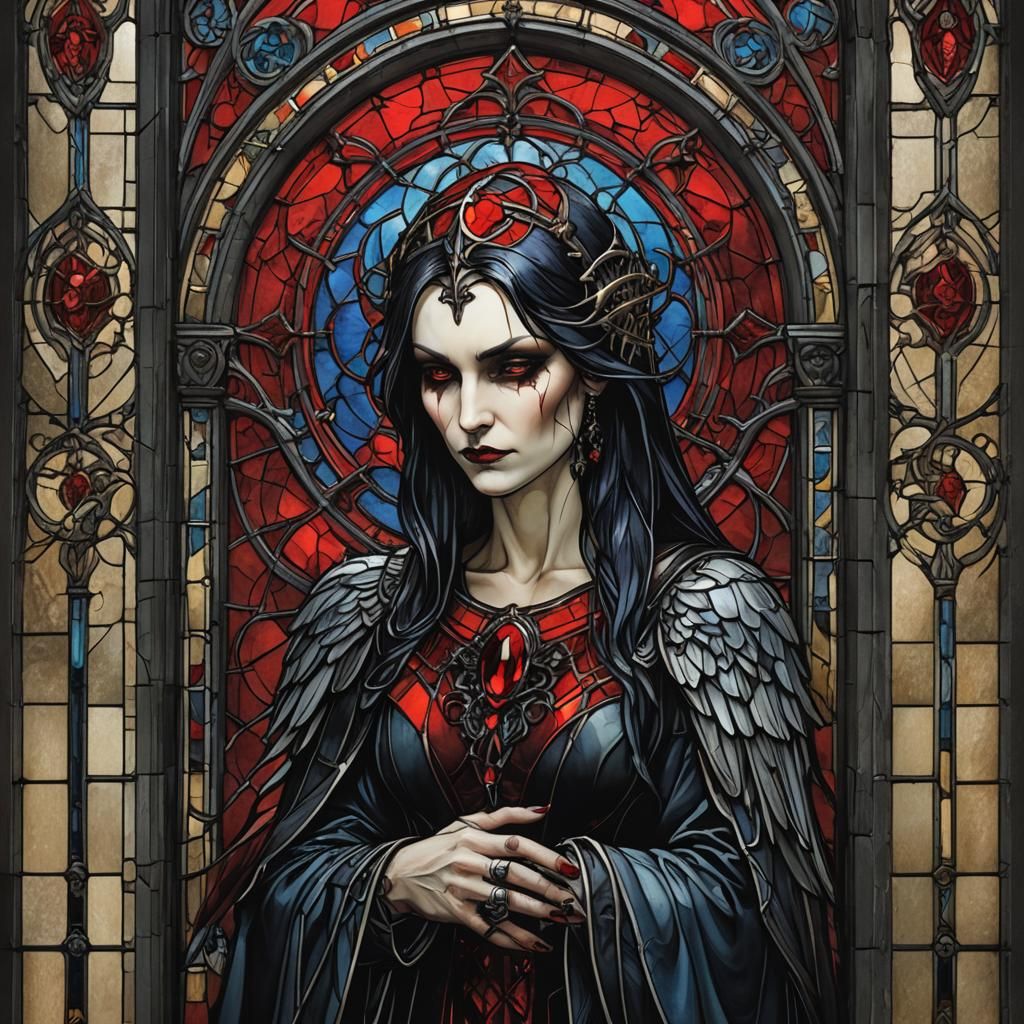 Morrigan in Red Gothic Stained Glass